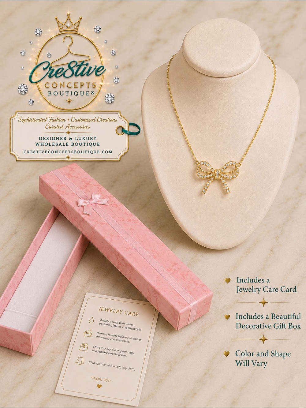 Gold Crystal Bow Pendant Necklace | Elegant Cubic Zirconia Bow Necklace